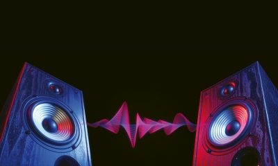 Two,Sound,Speakers,In,Neon,Light,With,Sound,Wave,Between